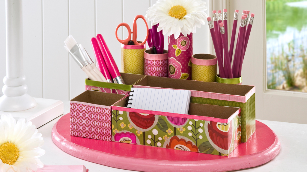 Best out of waste ideas for home decoration: Fancy Desk Organizer From Old Tins and Cardboard Boxes.