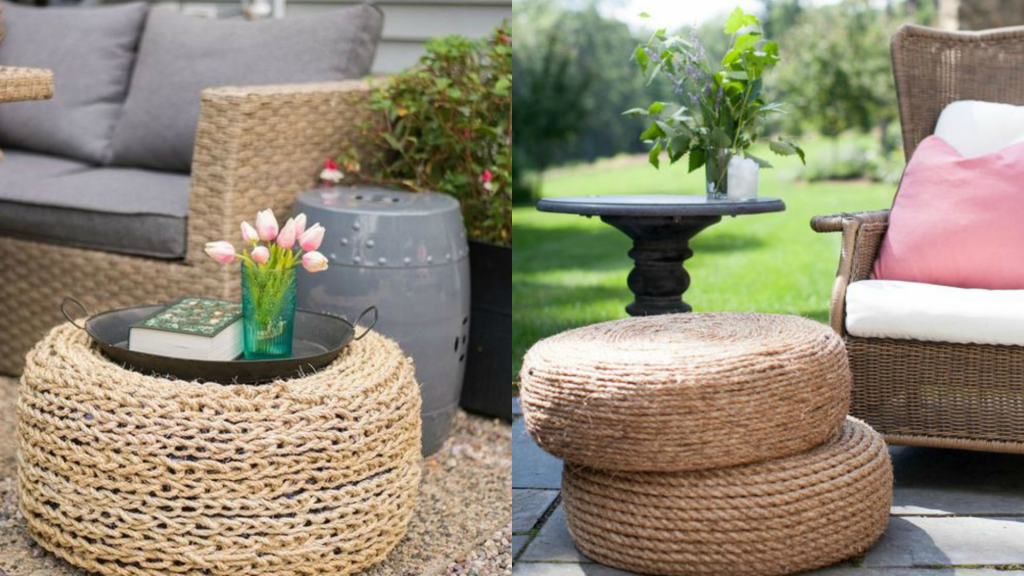 Best out of waste ideas for home decoration: Tyre and Rope Ottoman.