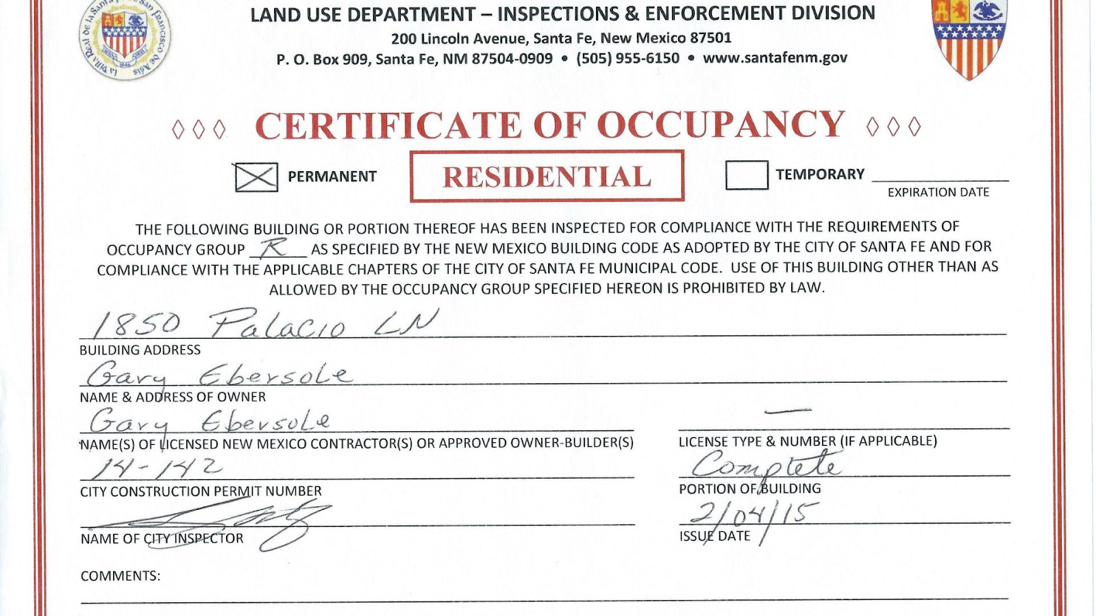 Occupancy Certificate of Residential Property.