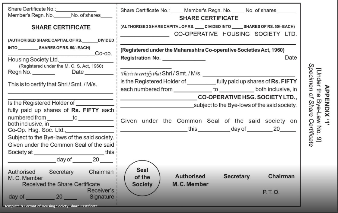 Share certificate of a cooperative housing society.