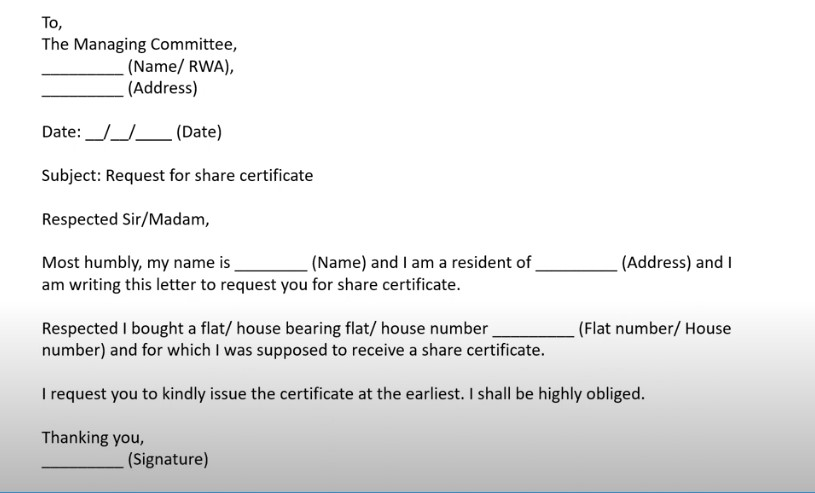 Written application format for a housing share certificate.