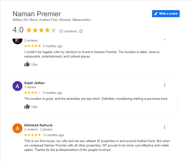 Naman Premier reviews from residents.